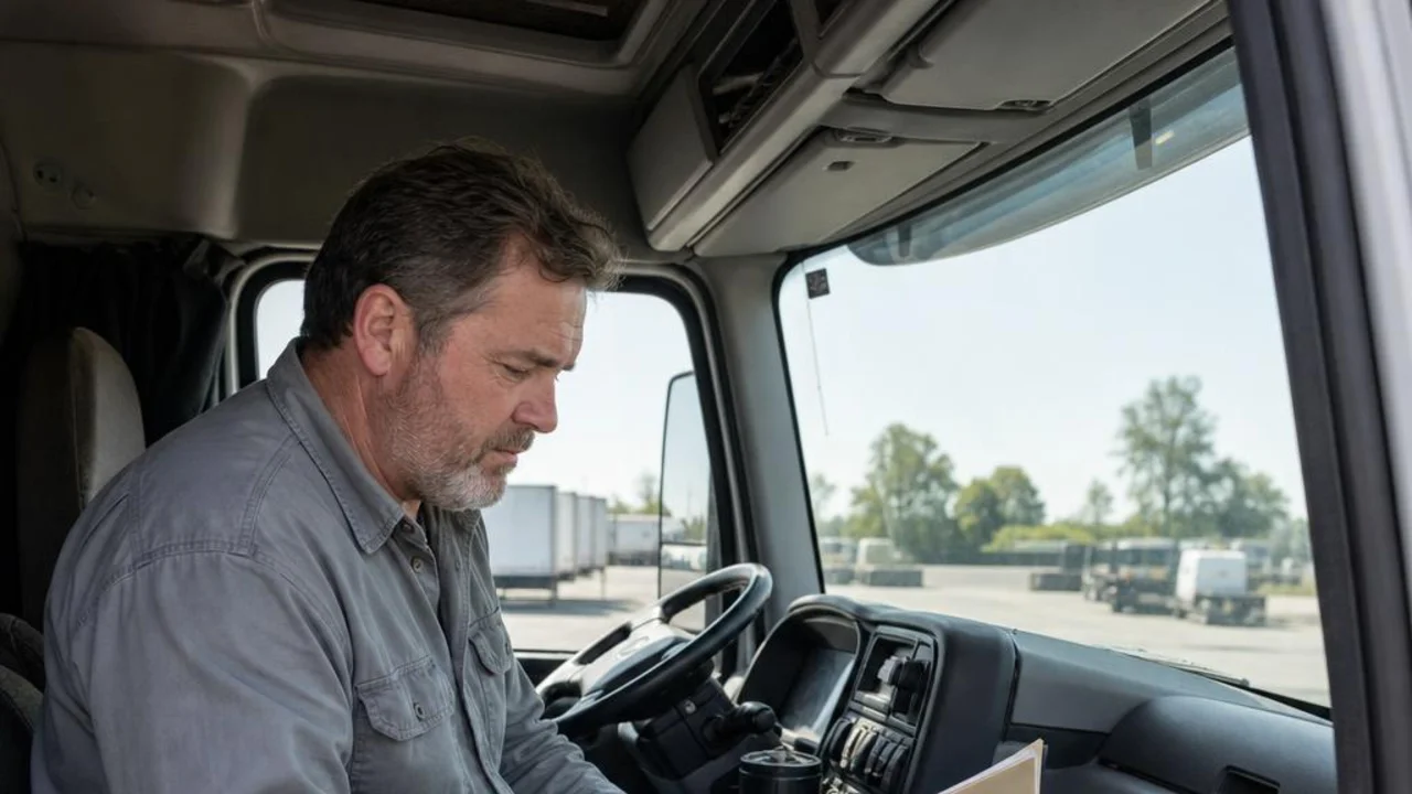 Illustrative scene of a truck owner reviewing paperwork during a parked break
