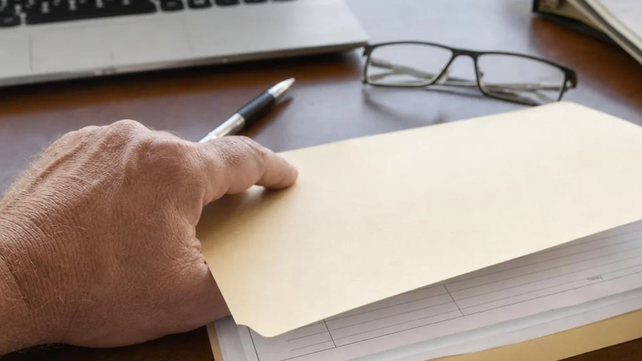 Illustrative close-up of a document folder and laptop on an office desk