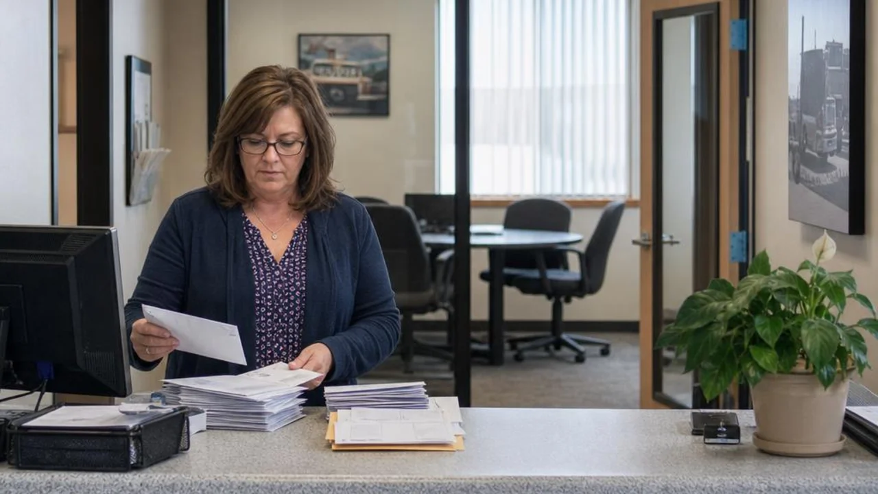 Illustrative scene of office staff sorting mail at a reception desk